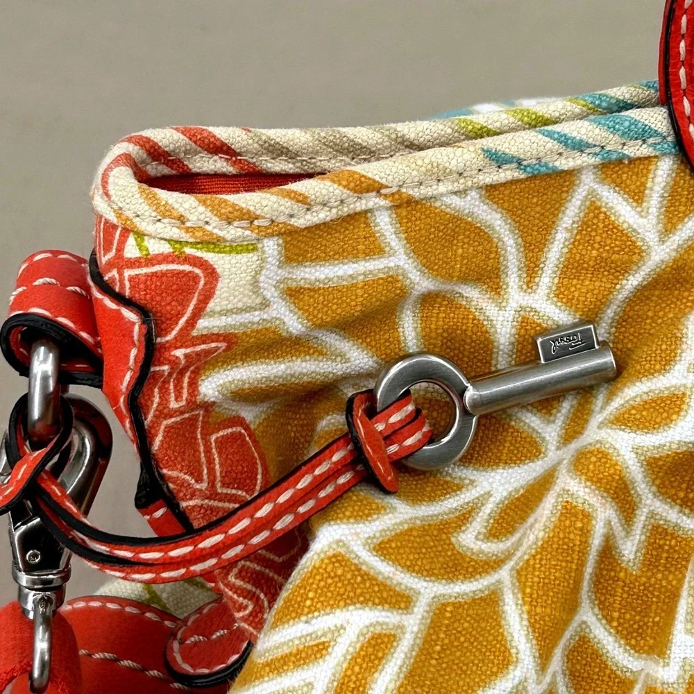 Womens Retro Floral Canvas Satchel Multicolor‎ Red Leather Trim Fossil Key-Per